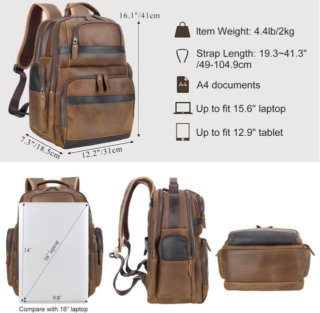 Detalle de TIDING Vintage Leather Backpack for Men – 15.6-inch Laptop Leather Travel/Daypack