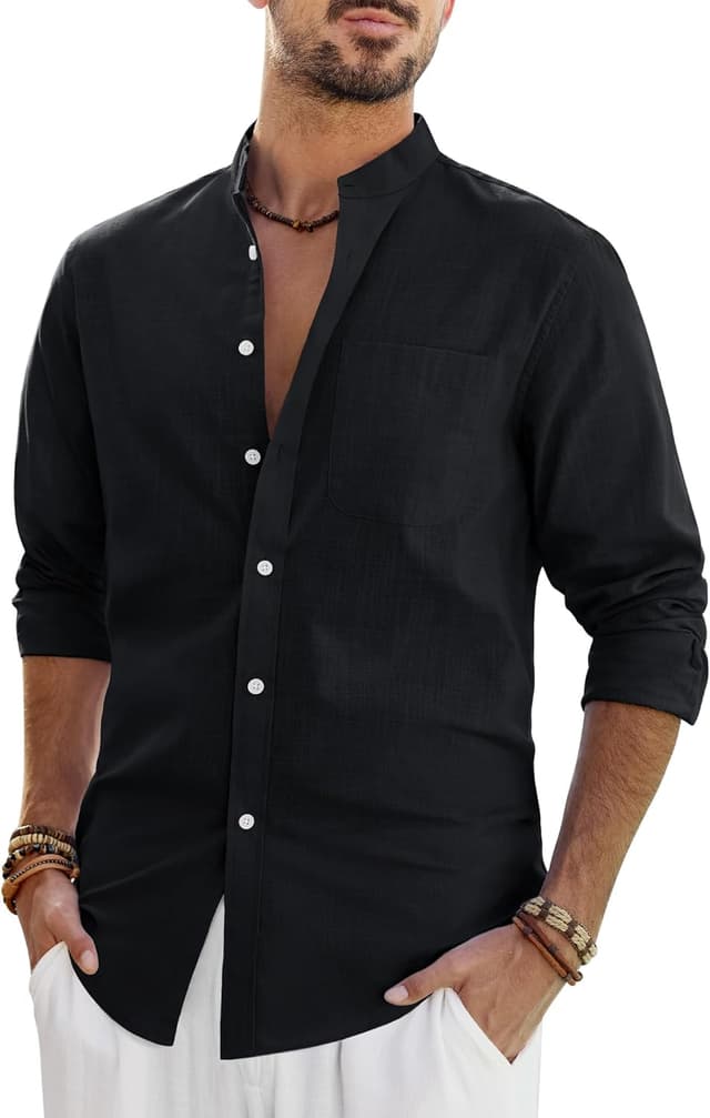 Detalle de J.VER Leinenhemd Herren Langarm Stehkragen mit Tasche – Regular Fit für Sommer & Freizeit
