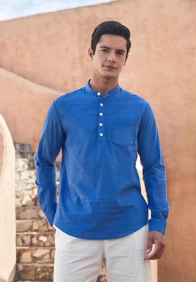 Detalle de Enlision Herren Baumwoll-Leinenhemd Langarm Regular Fit – Sommerhemd mit Brusttasche