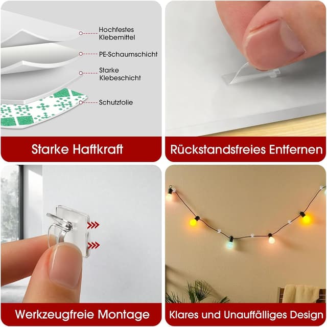 Detalle de 60 Stück Outdoor Klebehaken für LED-Lichterketten