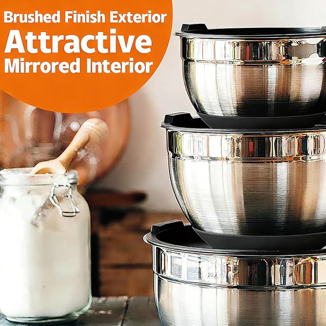 Detalle de Umite Chef Thickened 26-Piece Stainless Steel Mixing Bowls Set with Airtight Lids & 3 Grater Attachments