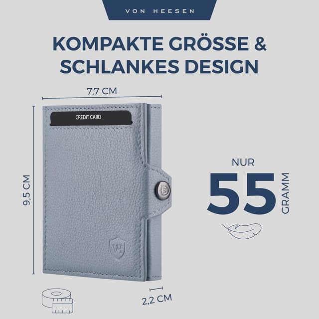 Detalle de VON HEESEN Slim Wallet mit Münzfach und RFID-Schutz – Mini-Geldbörse aus Leder in Hellblau