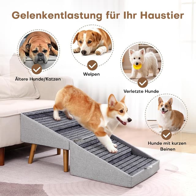 Detalle de Hundetreppe 2-in-1 aus Holz für Couch & Bett – klappbar, rutschfester Komfortbezug (Hellgrau, 43,5 cm hoch)