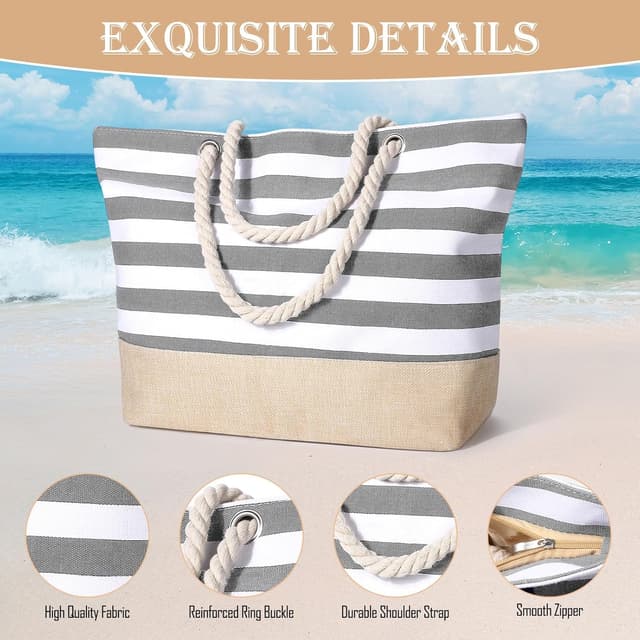 Detalle 1 de sprecenk große Strandtasche für Damen – wasserdichte Canvas-Tote Bag mit Reißverschluss (ca. 50 x 12 x 35 cm, 10 l)