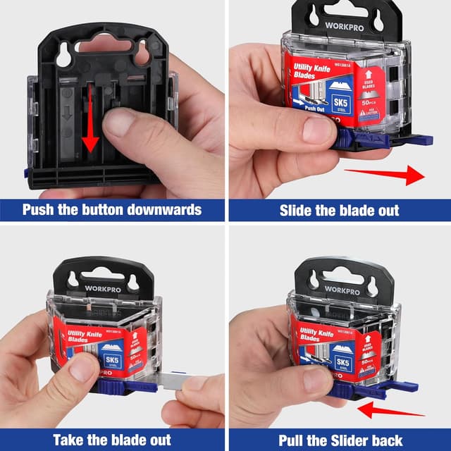 Detalle de WORKPRO Lame trapèze en acier SK5 pour cutter avec distributeur (lot de 50 pièces)