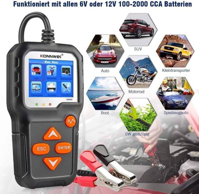 Detalle 2 de KONNWEI KW650 KFZ-Batterietester für 6V/12V – Lade- und Ladesystem-Analysator mit Farb-LCD