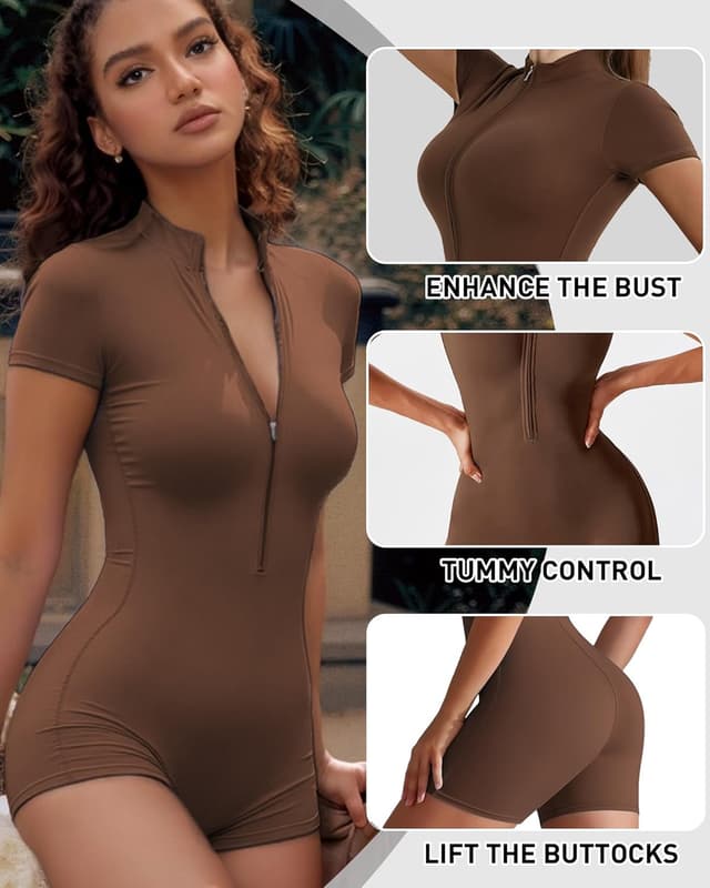Detalle de Merlvida Sport-Jumpsuit für Damen – Kurz, eng & nahtloser Gym-/Yoga-Overall mit Reißverschluss