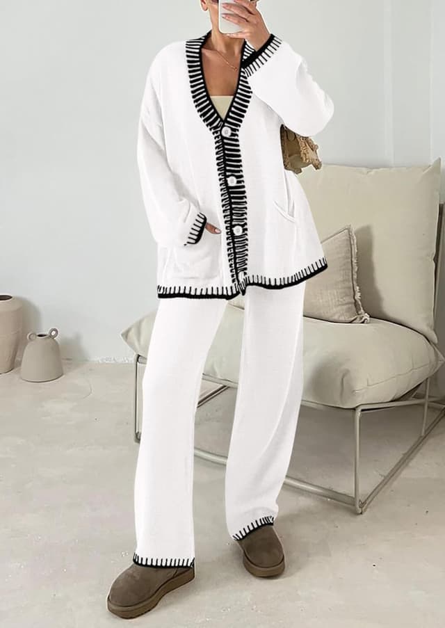 Detalle de PRETTYGARDEN Women’s Lounge Set (2-Piece) with Cardigan Sweater & Wide-Leg Pants