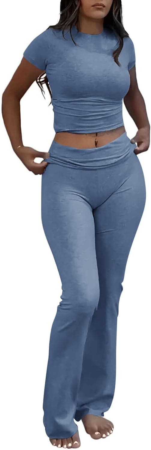 Detalle de YETOWA Women’s 2-Piece Lounge Outfit Set: Slim Short-Sleeve Top & Low-Rise Flare Leggings