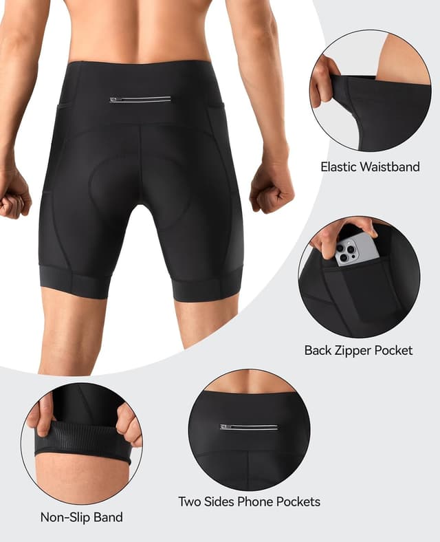 Detalle de Niksa men’s 3D gel padded cycling shorts with phone pockets and anti-slip leg grippers