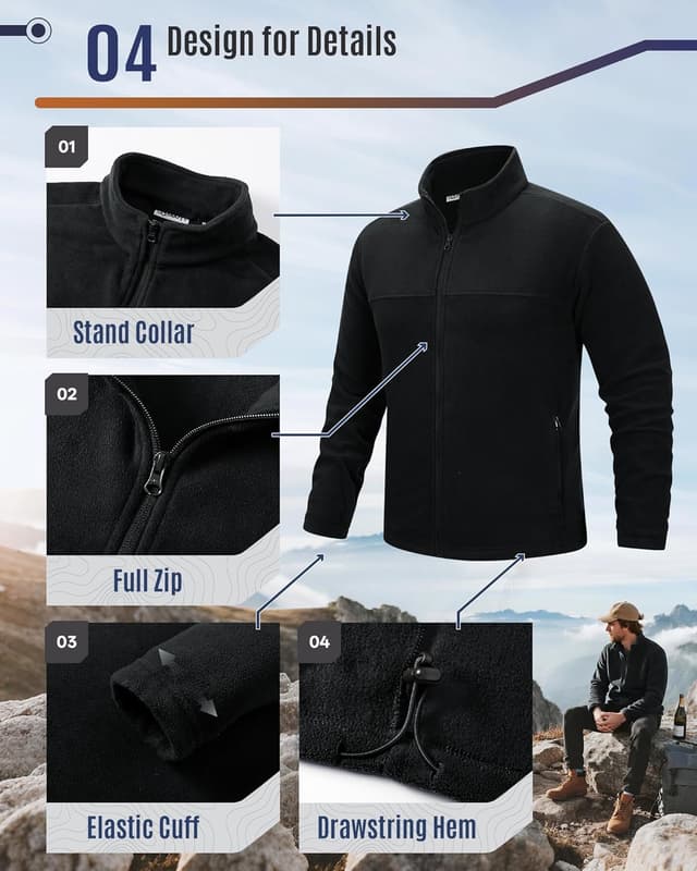 Detalle 2 de 33,000ft Herren Fleecejacke leicht mit Full Zip – warme Outdoor-Übergangsjacke fürs Wandern & Freizeit