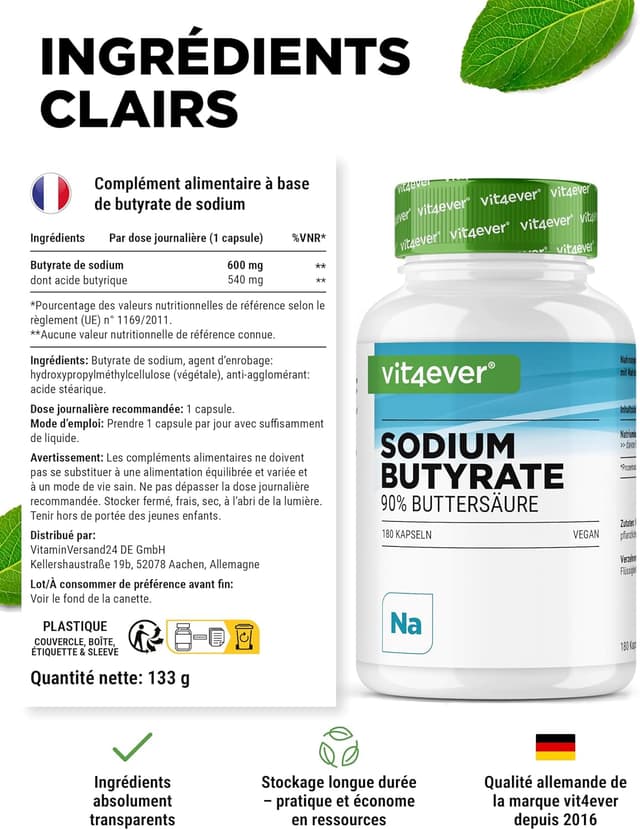 Detalle de Butyrate de sodium 180 gélules de 600 mg (90% acide butyrique) Premium, végan