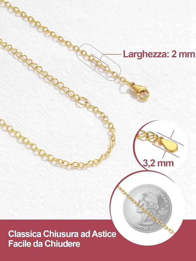 Detalle de FOCALOOK Collana unisex con catena sottile 2 mm in acciaio inox 316L (confezione regalo)