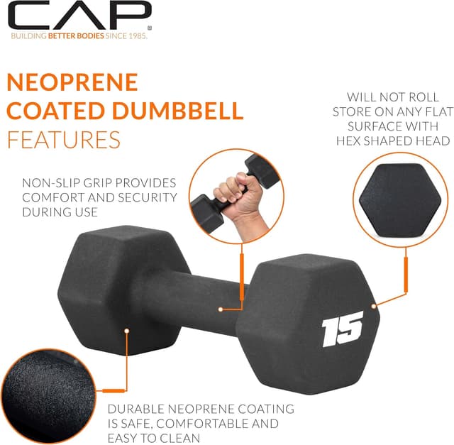 Thumbnail 2 de CAP Barbell Neoprene Dumbbell Weights (Pair), 15 lb Each, Neoprene-Coated Hex Design