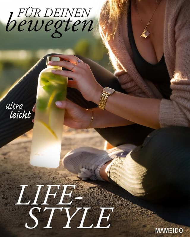 Detalle de MAMEIDO Trinkflasche mit Zeitmarkierung, 1,5 l (kohlensäurehaltig, BPA-frei) – auslaufsicher mit Tritan