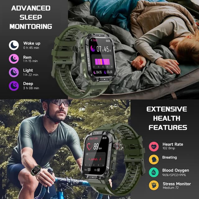 Detalle 2 de Military Smart Watch for Men (1.96-inch) in Military Green with Call, Fitness, Blood Oxygen & Sleep
