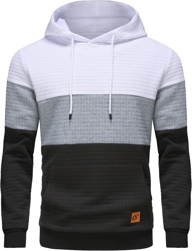Detalle de YuKaiChen men’s pullover plaid jacquard hoodie with drawstring hood and pockets