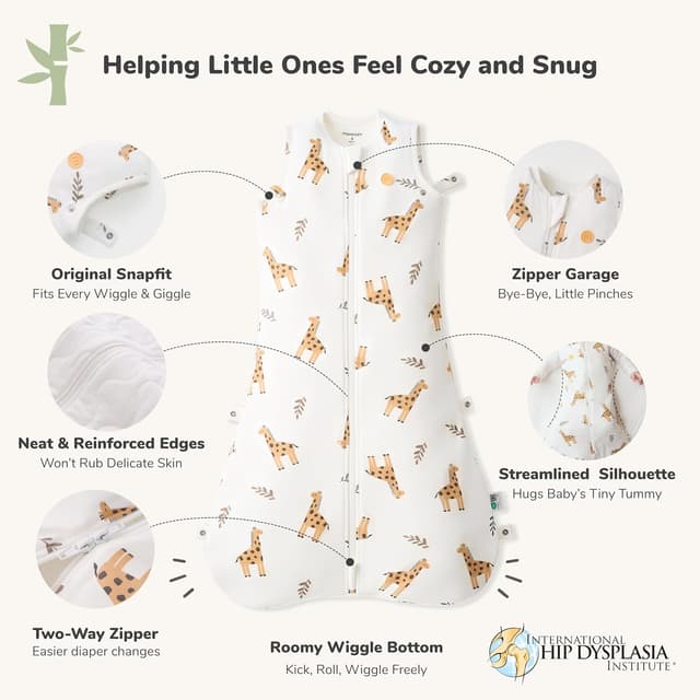 Detalle 2 de momcozy Baby Sleeping Bag (0–6 Months) 1.5 TOG Bamboo, Giraffe, Soft OEKO-TEX Fabric, Two-Way Zip