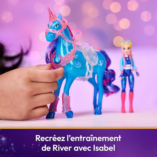 Detalle de Unicorn Academy – L’École des Licornes : playset interactif River & Isabel, licorne lumineuse et poupée à collectionner