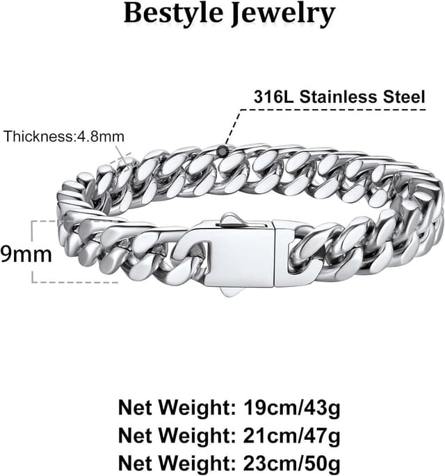 Detalle 2 de Bestyle Herrenarmband aus Edelstahl mit Panzerkette – 5/7/9/12,5 mm Breite, Längen 19/21/23 cm