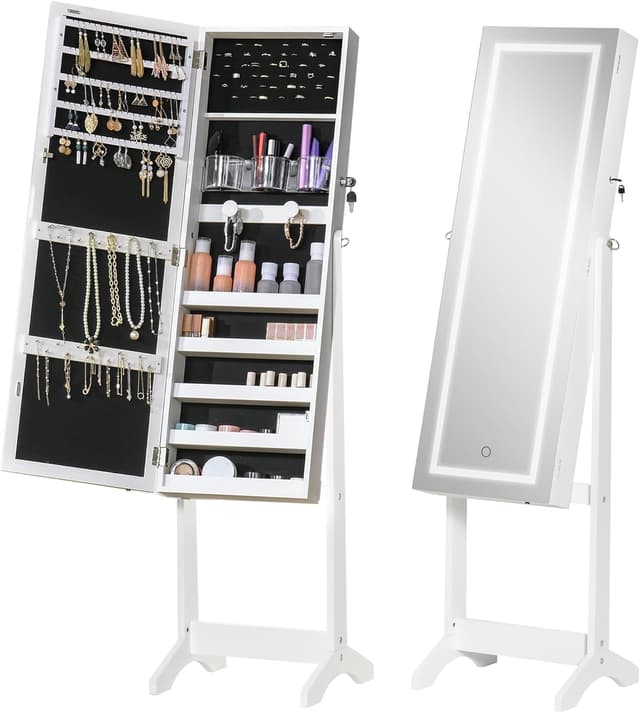 Detalle de HOMCOM armoire à bijoux LED sur pied avec miroir et écran tactile blanc