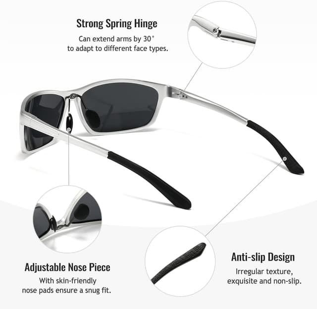 Detalle 2 de SUNGAIT Classic Rectangle Polarized Sunglasses with Al-Mg Metal Frame and Spring Hinge