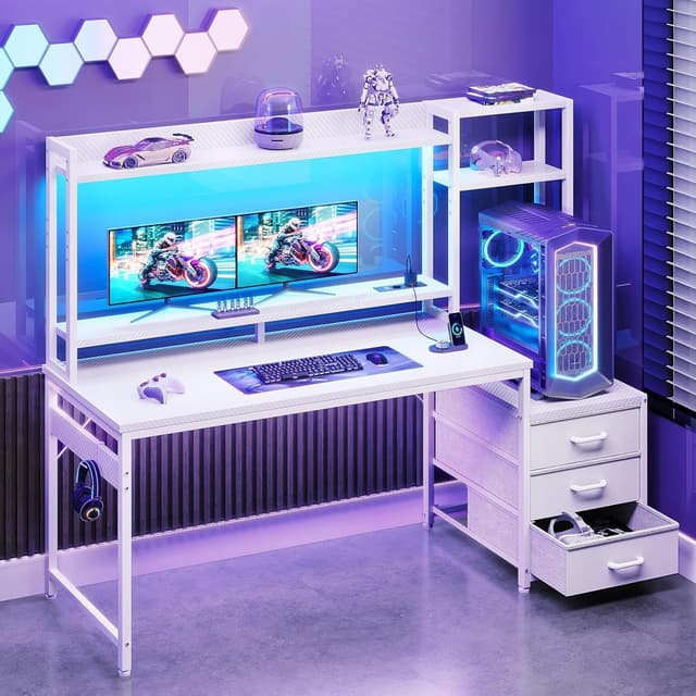 Detalle 2 de Coleshome Scrivania Gaming con libreria e cassetti, LED e presa integrata, 137×48 cm (fibra di carbonio bianco)