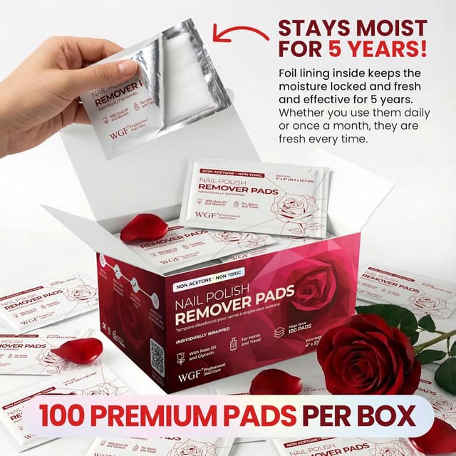Detalle 2 de Nail Polish Remover Pads (Non-Acetone, Rose Oil) 100-Pack Bulk Set, Individually Wrapped Wipes