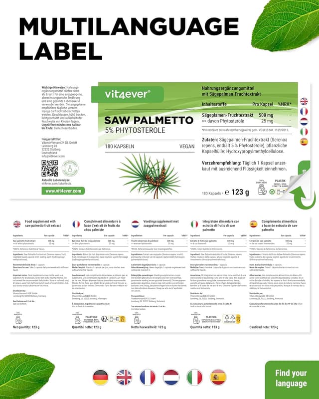 Detalle 2 de Saw Palmetto Extrakt 500 mg – 180 Kapseln, 5% Phytosterole (vegan)
