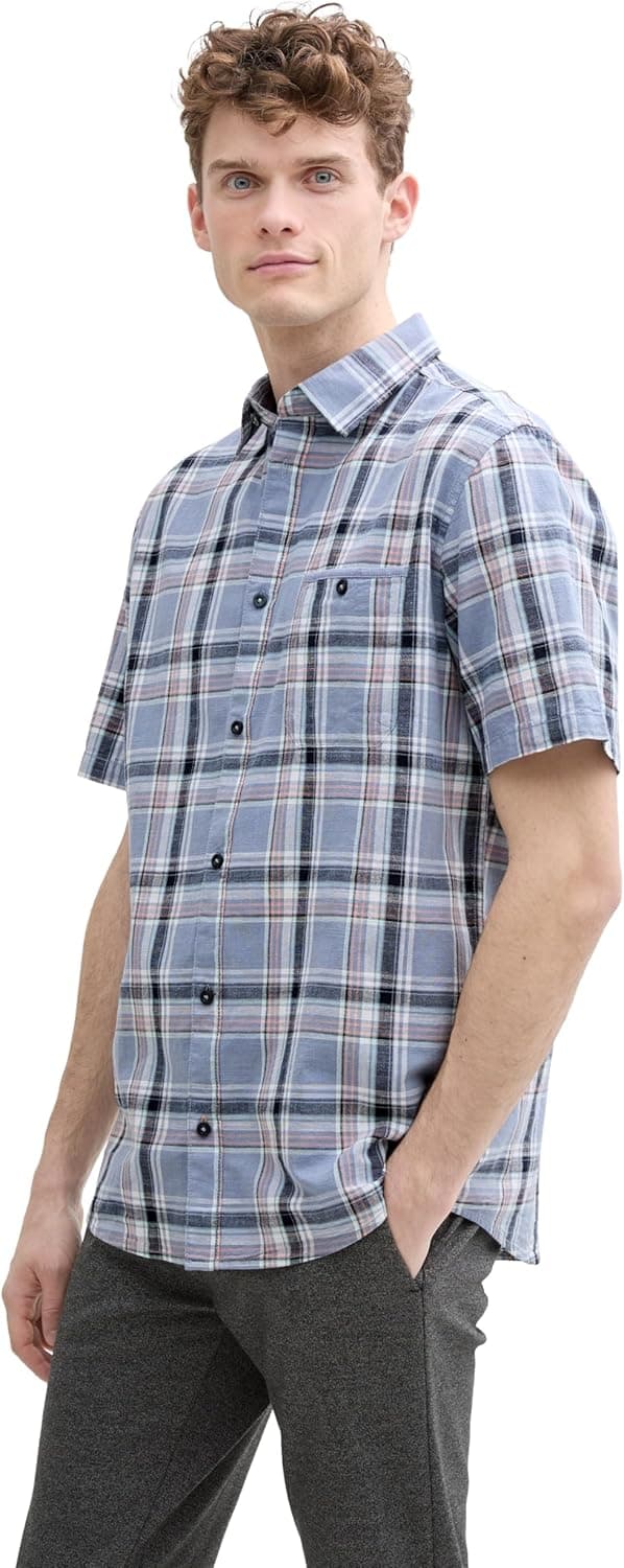 Detalle de TOM TAILOR Camicia Uomo a quadri con taschino e manica corta