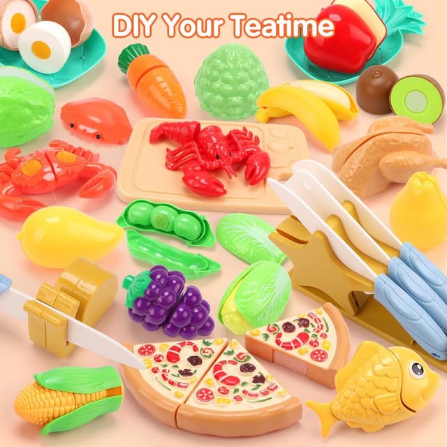 Detalle 2 de 74PCS Pretend Play Food Set for Kids with Cutting Kitchen Toys and Foldable Basket (Age 3+)