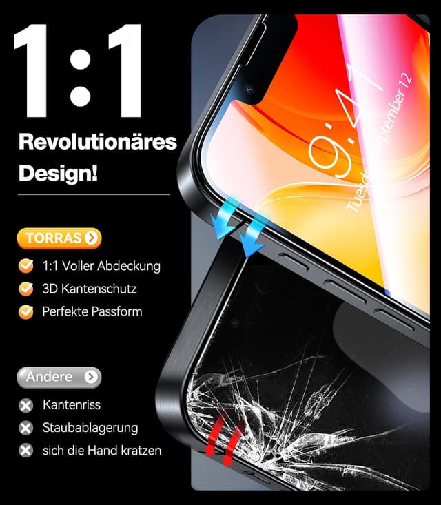 Thumbnail 4 de TORRAS iPhone 16e Panzerglas 9H Schutzfolie – 2er-Pack