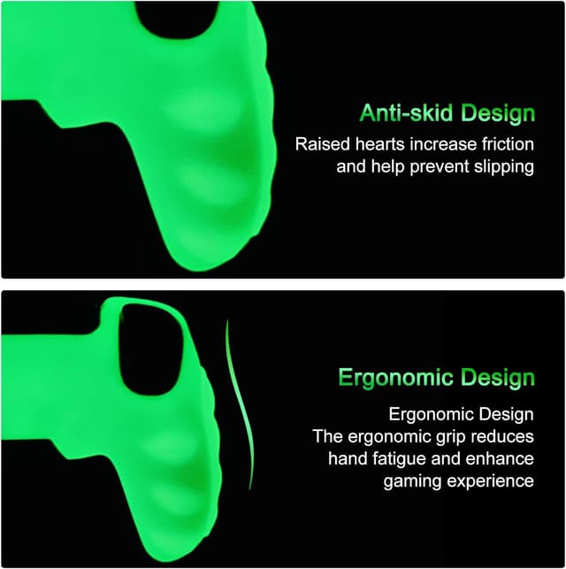 Detalle 2 de HLRAO Glow in the Dark PS5 controller skin with thumb grips (green) – anti-slip silicone cover kit