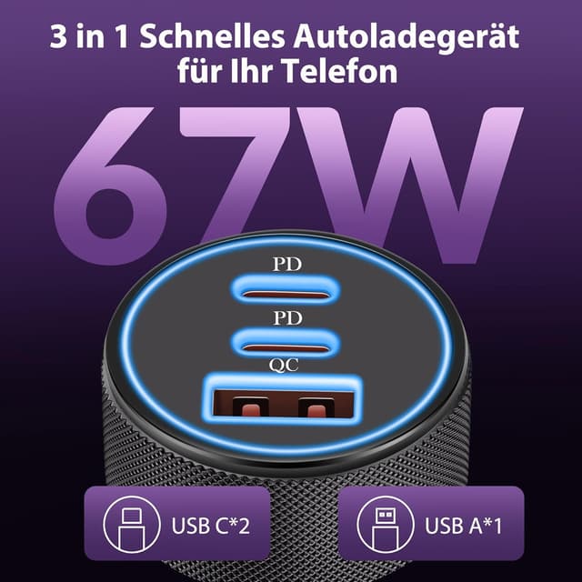 Detalle 2 de LUOSIKE 67W 3‑Port USB Auto Ladegerät