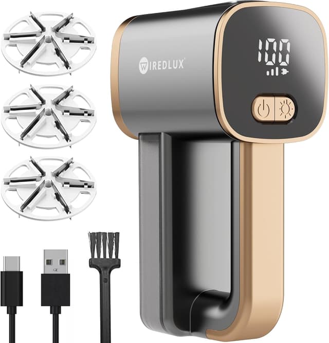 Detalle de WiredLux Elektrischer Fusselrasierer (wiederaufladbar) mit LED-Licht, 3 Geschwindigkeiten und 6-Klingen – Graphitgrau/Kupfer