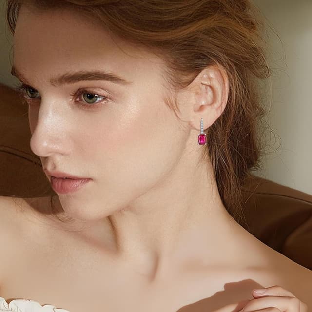 Detalle de FJ Prinzessschliff Hängende Ohrringe für Damen aus 925 Sterling Silber mit CZ & Leverback-Verschluss – Quadrat Solitaire