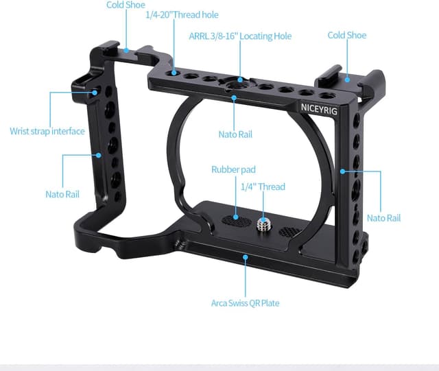 Detalle de NICEYRIG Cage for Sony Alpha A6700 (Mirrorless) with QD Hole, NATO Rails & Cold Shoe Mounts