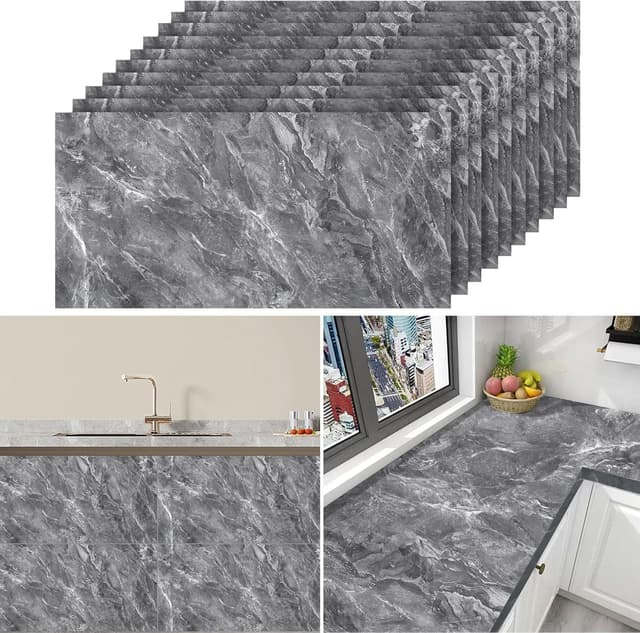 Detalle de Warmiehomy Marble Tiles 60x30cm (10 Pack) Self-Adhesive Waterproof Peel-and-Stick Wall Tiles – Earl Grey
