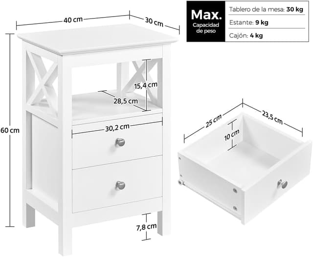 Detalle de Yaheetech Mesita de Noche blanca 40x30x60 cm