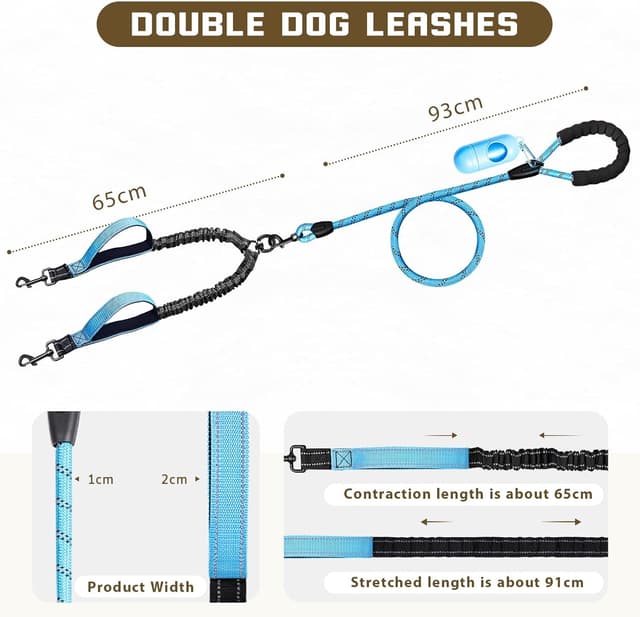 Detalle 2 de Blanlody Double Dog Lead (No Tangle) with Reflective Bungee, 360° Swivel, Padded Handles & Waste Bags