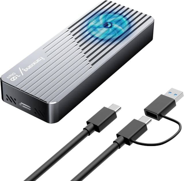 Detalle de Fanxiang MD85 M.2 NVMe enclosure with built-in cooling fan, USB 3.2 Gen2 (up to 10Gbps)