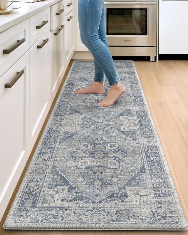 Detalle de DEXI Kitchen Floor Mats Anti-Fatigue Runner (23x86) Waterproof Cushioned Vintage Rug, Light Grey and Blue
