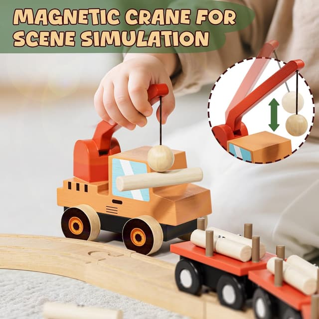 Detalle de Lehoo Castle Wooden Train Set (72 pcs) – Farm-themed magnetic crane wooden tracks for ages 3–6