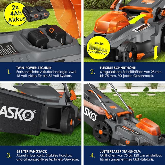 Detalle 2 de MASKO® Akku-Rasenmäher mit Mulchfunktion (36 V) inkl. 2× Li-Ion 4 Ah, Doppel-Ladegerät, Rasentrimmer 37 cm & Fangkorb 40 l