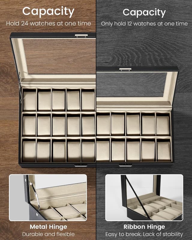 Detalle de Boîte à montres Uten avec clé, coffret de rangement en cuir synthétique noir (24 compartiments)