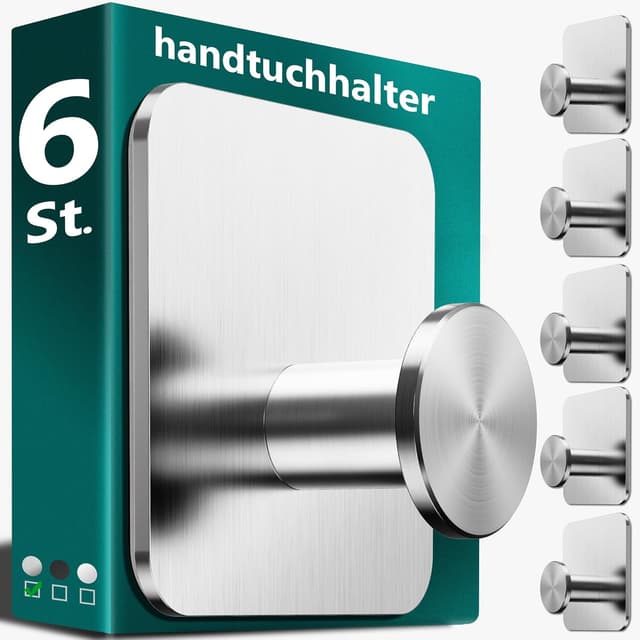 Detalle de 4smile Handtuchhalter ohne Bohren (6 Stück) aus Edelstahl – selbstklebende Klebehaken in Silber