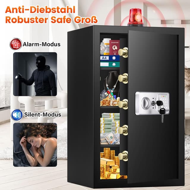 Detalle 2 de Mejasg Extra Großer Safe 102L: feuerfester Möbeltresor mit Alarmanlage, Dokumententasche und 3 herausnehmbaren Regalfächern