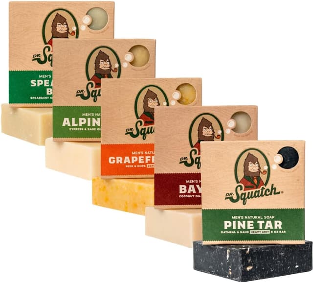 Detalle de Dr. Squatch lot de 5 barres de savon naturelles à froid pour homme (sauge alpine, rhum de baie, goudron de pin, pamplemousse IPA, menthe verte & basilic)
