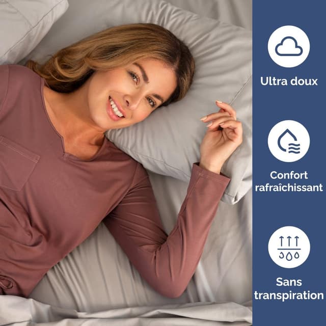 Detalle de Ensemble de draps 4 pièces gris clair : drap plat 225x255, drap-housse 135x190 et 2 taies 50x80