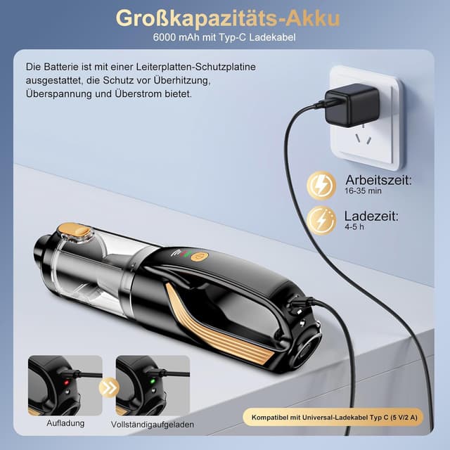 Detalle de Akku-Handstaubsauger 4-in-1 mit 27000 Pa und 5-m-Autoladegerät (12V) – kabellos fürs Auto und Zuhause